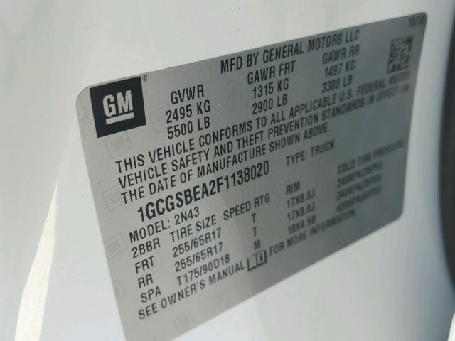 1GCGSBEA2F1138020 - 2015 CHEVROLET COLORADO L WHITE photo 10