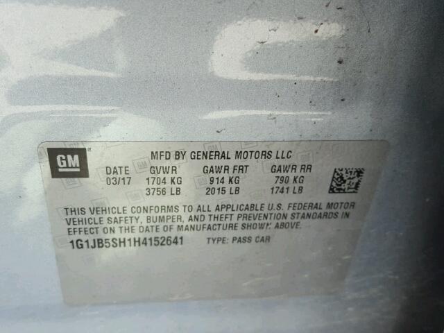 1G1JB5SH1H4152641 - 2017 CHEVROLET SONIC LS GRAY photo 10