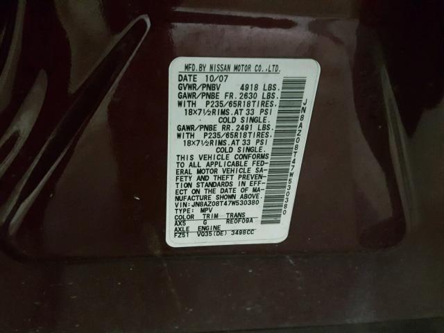 JN8AZ08T47W530380 - 2007 NISSAN MURANO SL MAROON photo 10