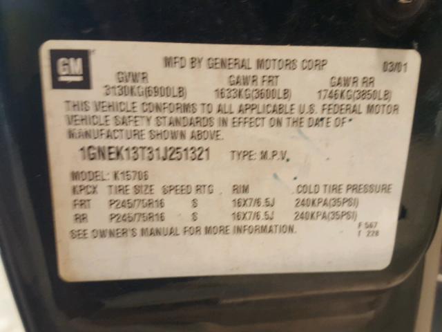 1GNEK13T31J251321 - 2001 CHEVROLET TAHOE K150 GREEN photo 10