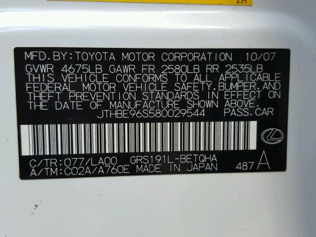 JTHBE96S580029544 - 2008 LEXUS GS 350 WHITE photo 10