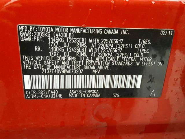 2T3ZF4DV9BW073207 - 2011 TOYOTA RAV4 RED photo 10