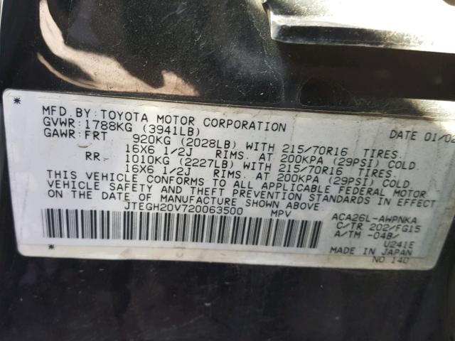 JTEGH20V720063500 - 2002 TOYOTA RAV4 BLACK photo 10