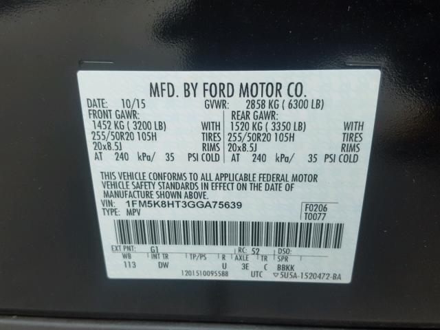 1FM5K8HT3GGA75639 - 2016 FORD EXPLORER P BLACK photo 10