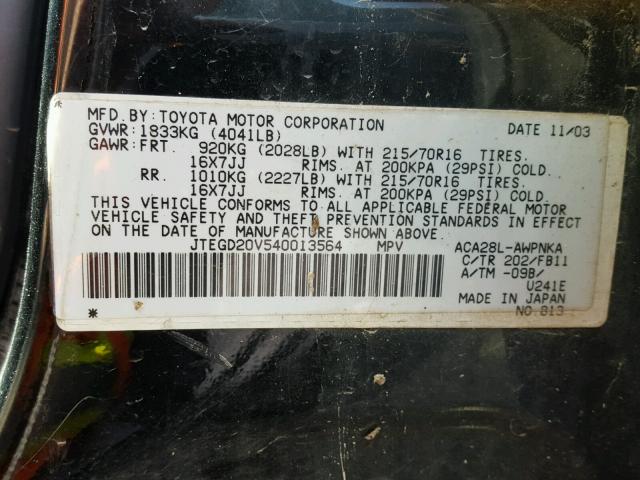 JTEGD20V540013564 - 2004 TOYOTA RAV4 BLACK photo 10