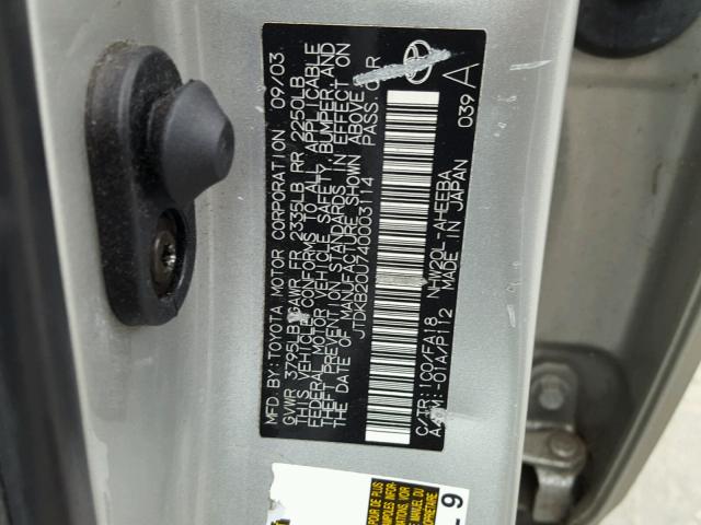 JTDKB20U740003114 - 2004 TOYOTA PRIUS SILVER photo 10