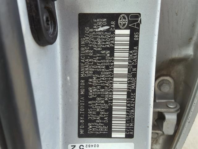 2T1BR32EX7C715425 - 2007 TOYOTA COROLLA CE SILVER photo 10