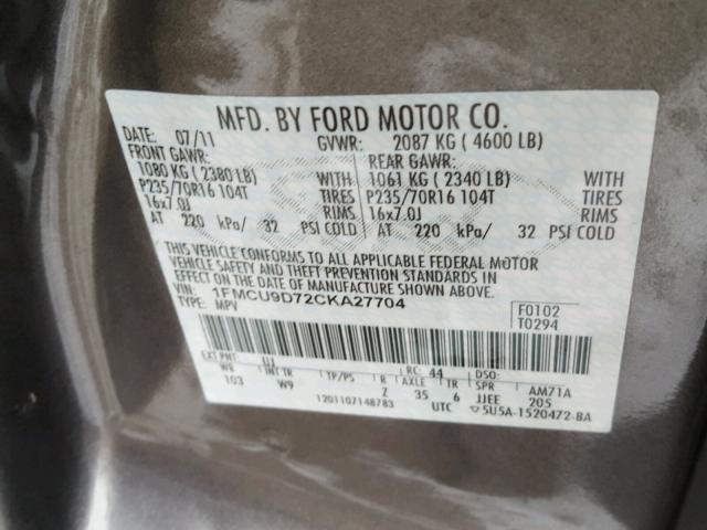 1FMCU9D72CKA27704 - 2012 FORD ESCAPE XLT GRAY photo 10