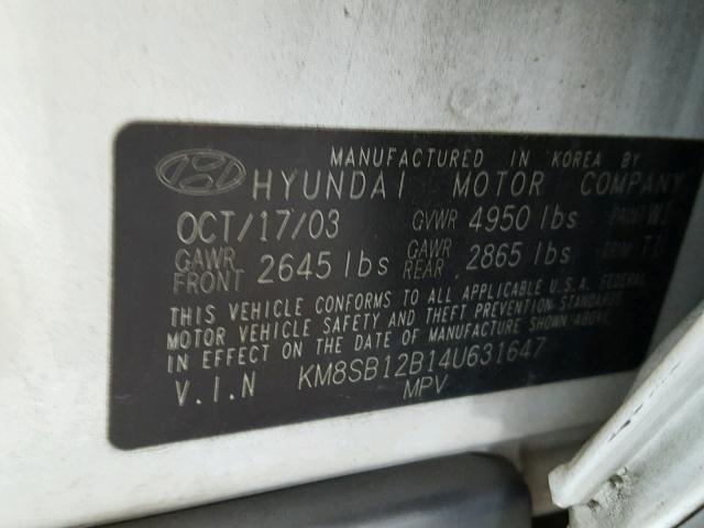 KM8SB12B14U631647 - 2004 HYUNDAI SANTA FE G WHITE photo 10