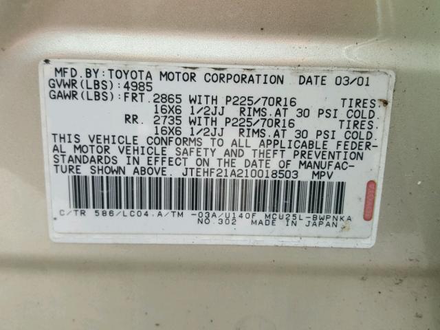 JTEHF21A210018503 - 2001 TOYOTA HIGHLANDER GOLD photo 10