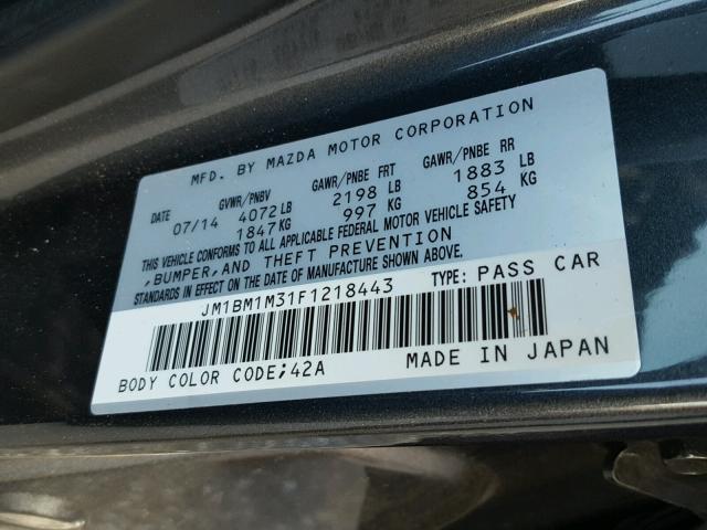 JM1BM1M31F1218443 - 2015 MAZDA 3 GRAND TO CHARCOAL photo 10