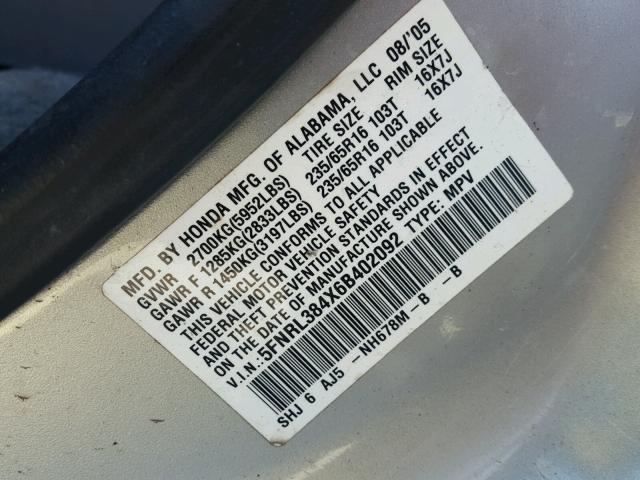 5FNRL384X6B402092 - 2006 HONDA ODYSSEY EX SILVER photo 10