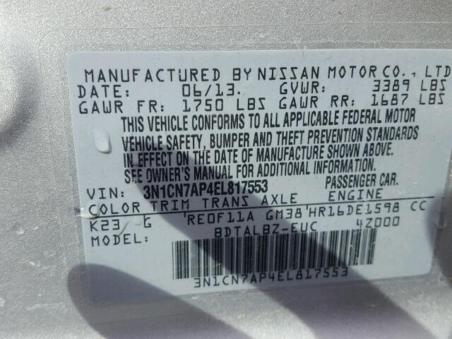 3N1CN7AP4EL817553 - 2014 NISSAN VERSA S SILVER photo 10