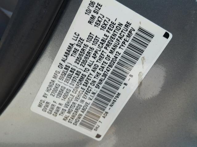 5FNRL38747B020412 - 2007 HONDA ODYSSEY EX BLUE photo 10