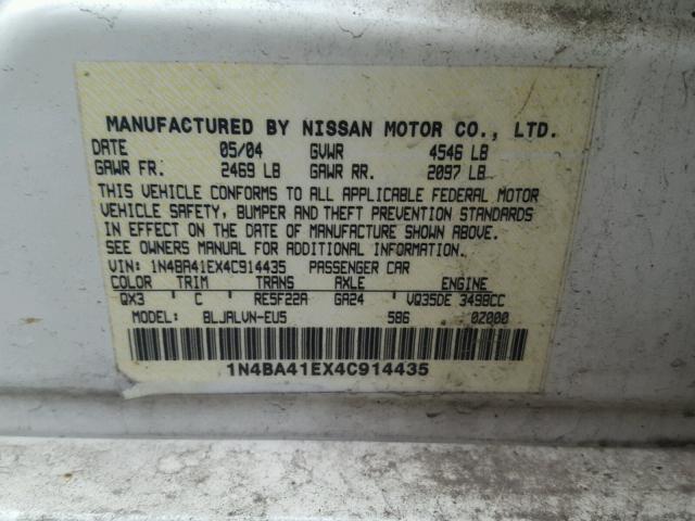 1N4BA41EX4C914435 - 2004 NISSAN MAXIMA SE WHITE photo 10