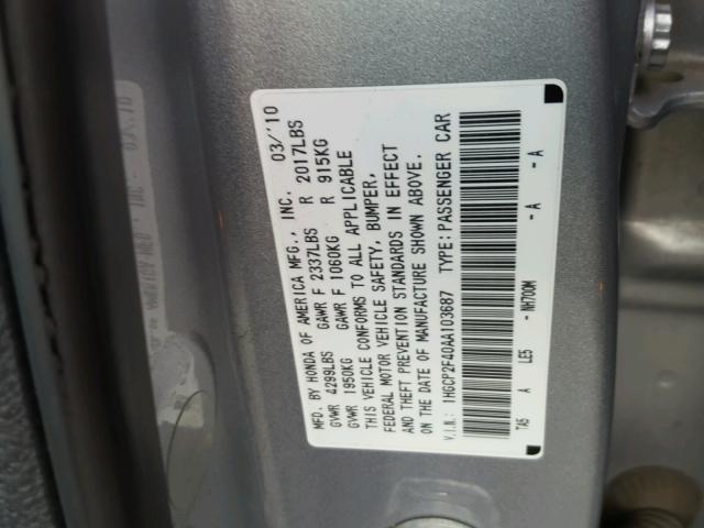 1HGCP2F40AA103687 - 2010 HONDA ACCORD LXP SILVER photo 10