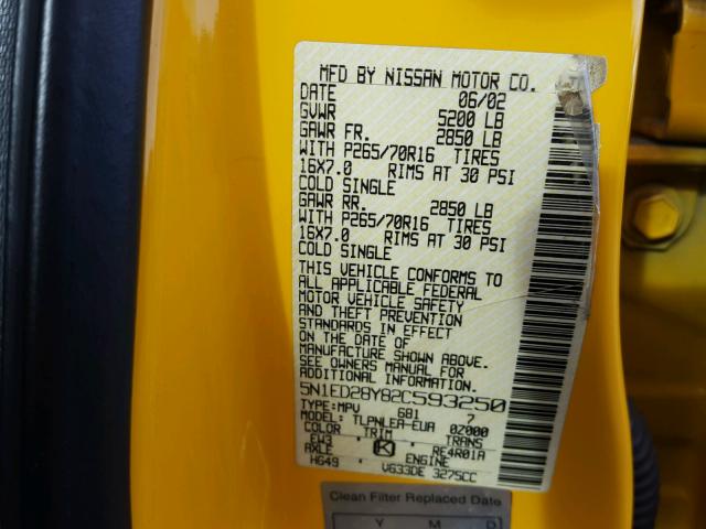 5N1ED28Y82C593250 - 2002 NISSAN XTERRA XE YELLOW photo 10