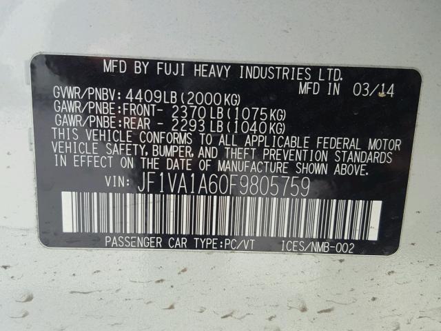 JF1VA1A60F9805759 - 2015 SUBARU WRX WHITE photo 10