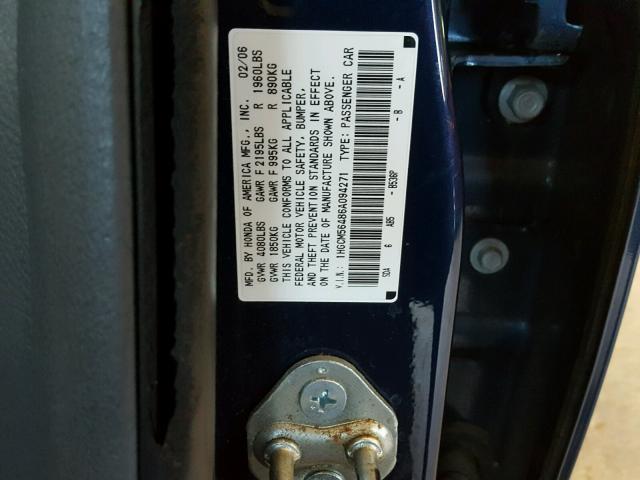 1HGCM56486A094271 - 2006 HONDA ACCORD LX BLUE photo 10