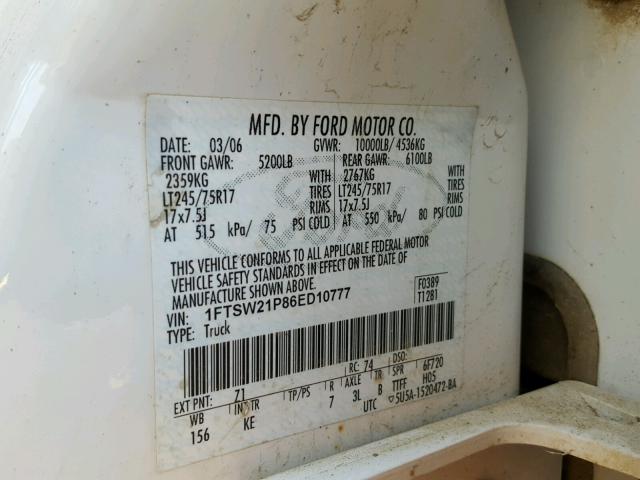 1FTSW21P86ED10777 - 2006 FORD F250 SUPER WHITE photo 10