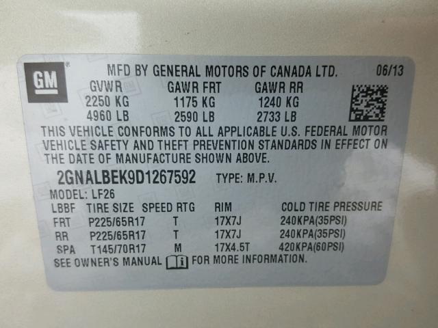 2GNALBEK9D1267592 - 2013 CHEVROLET EQUINOX LS BEIGE photo 10