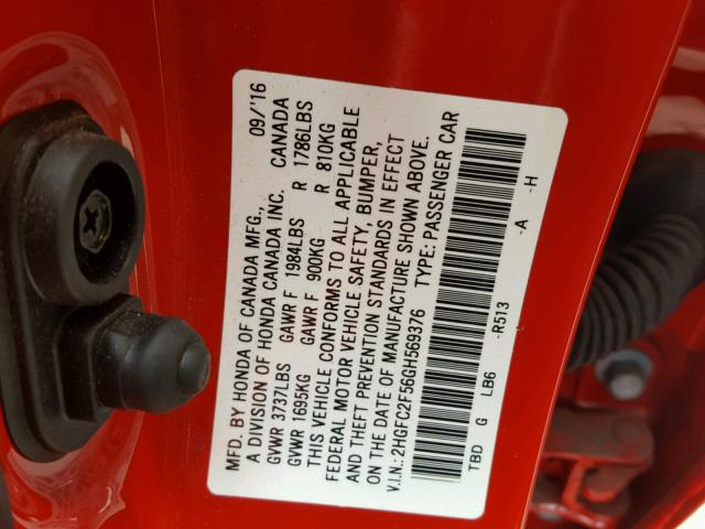 2HGFC2F56GH569376 - 2016 HONDA CIVIC LX RED photo 10