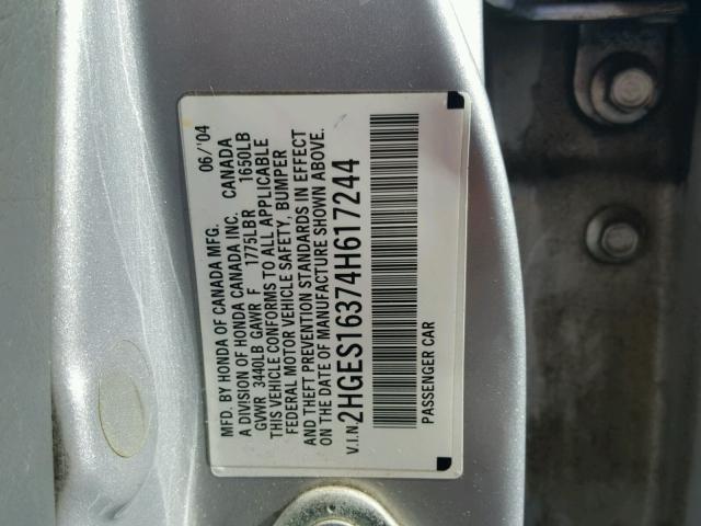 2HGES16374H617244 - 2004 HONDA CIVIC DX V SILVER photo 10