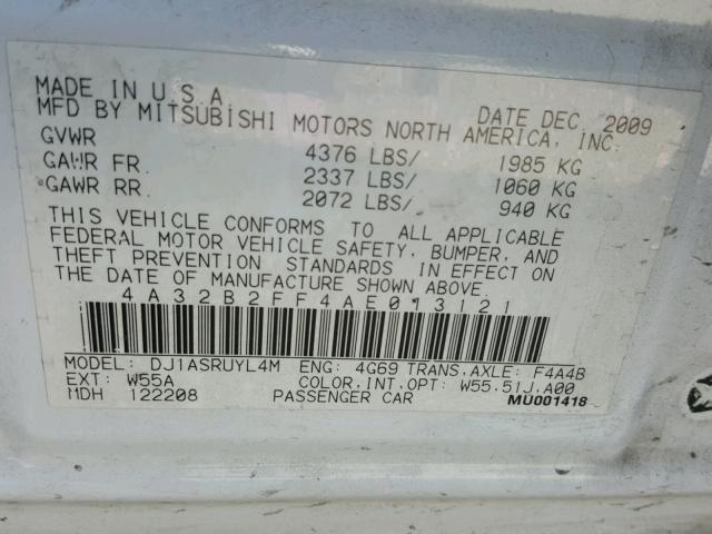 4A32B2FF4AE013121 - 2010 MITSUBISHI GALANT FE WHITE photo 10