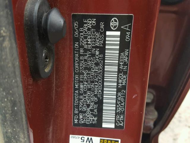 JTDKB20U553086218 - 2005 TOYOTA PRIUS BURGUNDY photo 10