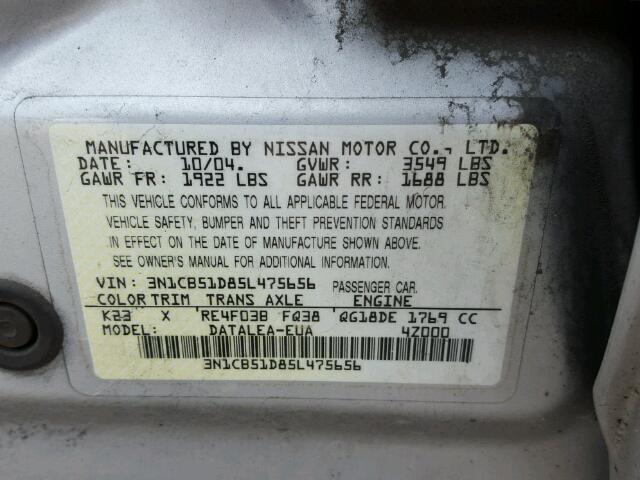 3N1CB51D85L475656 - 2005 NISSAN SENTRA 1.8 SILVER photo 10