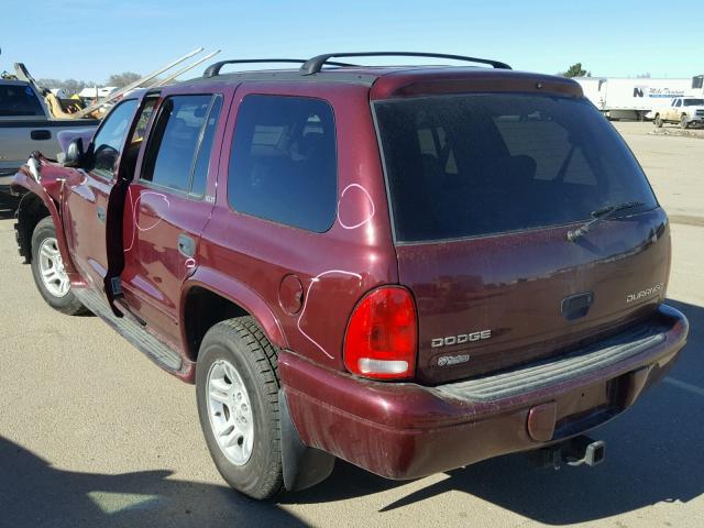 1B4HS48N72F204182 - 2002 DODGE DURANGO SL MAROON photo 3