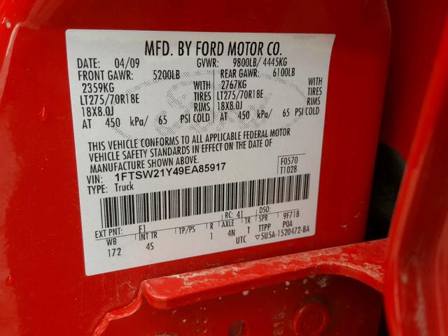 1FTSW21Y49EA85917 - 2009 FORD F250 SUPER RED photo 10