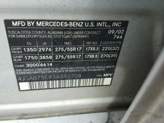 4JGAB75E93A392708 - 2003 MERCEDES-BENZ ML 500 SILVER photo 10