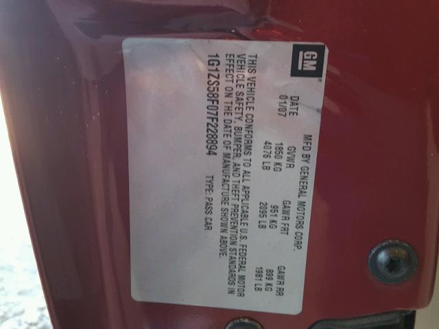 1G1ZS58F07F228894 - 2007 CHEVROLET MALIBU LS ბურგუნდია ფოტო 10