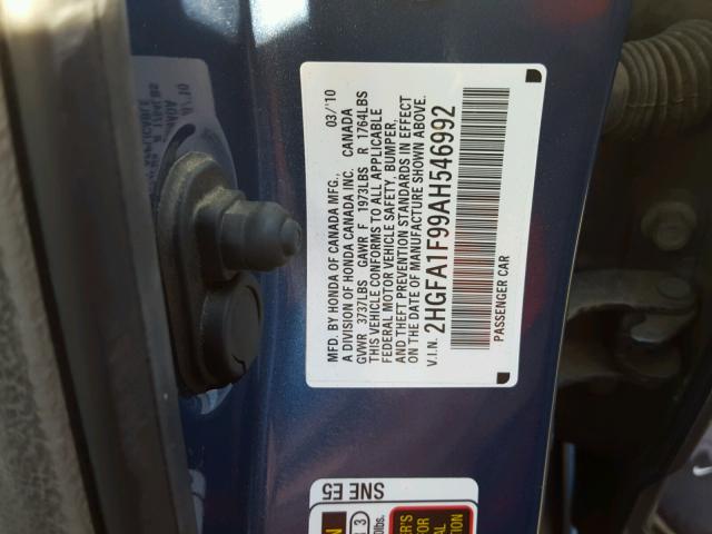 2HGFA1F99AH546992 - 2010 HONDA CIVIC EXL BLUE photo 10