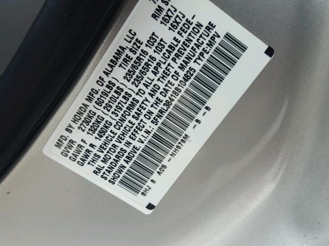 5FNRL38418B104825 - 2008 HONDA ODYSSEY EX SILVER photo 10