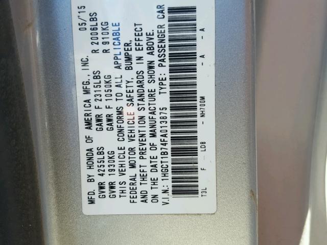 1HGCT1B74FA013875 - 2015 HONDA ACCORD EX SILVER photo 10