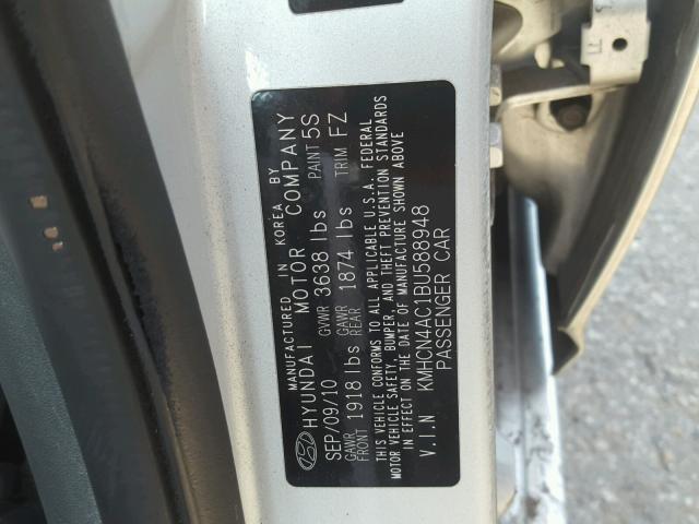 KMHCN4AC1BU588948 - 2011 HYUNDAI ACCENT GLS SILVER photo 10