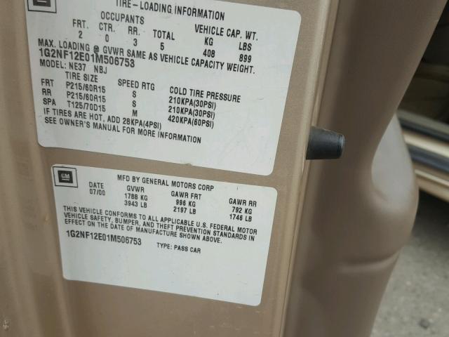 1G2NF12E01M506753 - 2001 PONTIAC GRAND AM S Qızıl foto 10