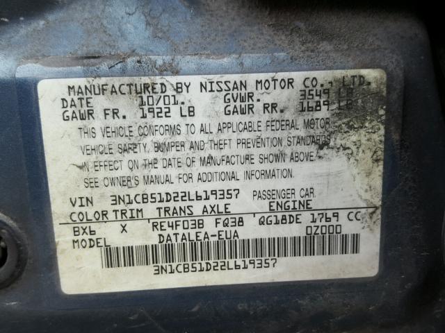 3N1CB51D22L619357 - 2002 NISSAN SENTRA XE BLUE photo 10