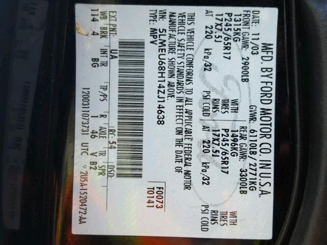 5LMEU68H14ZJ14638 - 2004 LINCOLN AVIATOR 黑色 照片 10