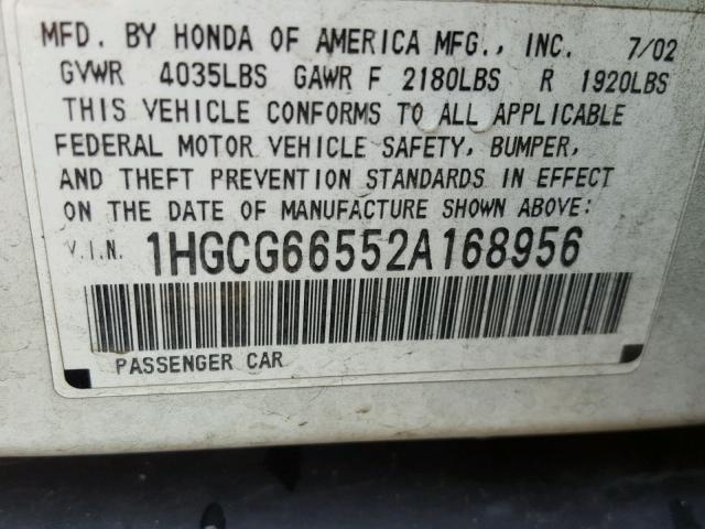 1HGCG66552A168956 - 2002 HONDA ACCORD LX WHITE photo 10