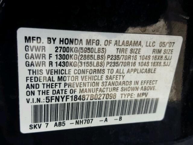 5FNYF18487B027098 - 2007 HONDA PILOT EX BLACK photo 10