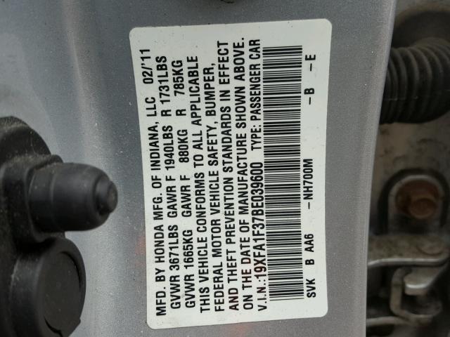 19XFA1F37BE039600 - 2011 HONDA CIVIC VP GRAY photo 10