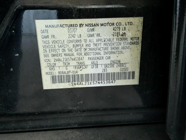 1N4AL21E57N453647 - 2007 NISSAN ALTIMA 2.5 BLACK photo 10