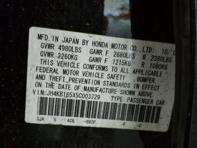 JH4KB165X5C003729 - 2005 ACURA RL შავი ფოტო 10