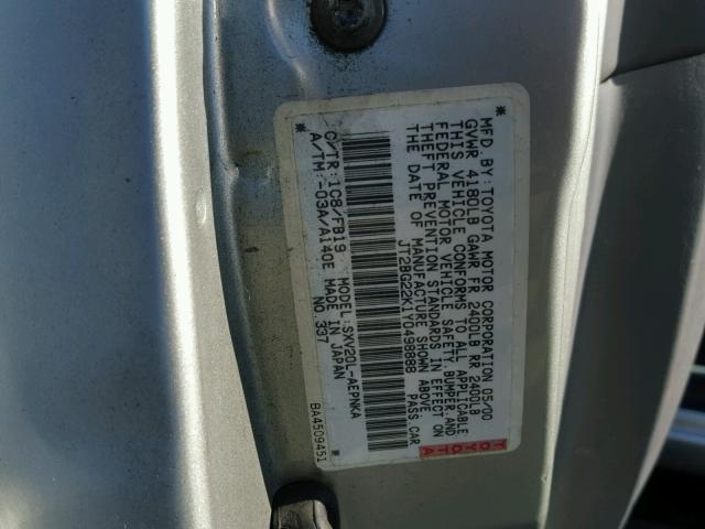 JT2BG22K1Y0498888 - 2000 TOYOTA CAMRY CE SILVER photo 10