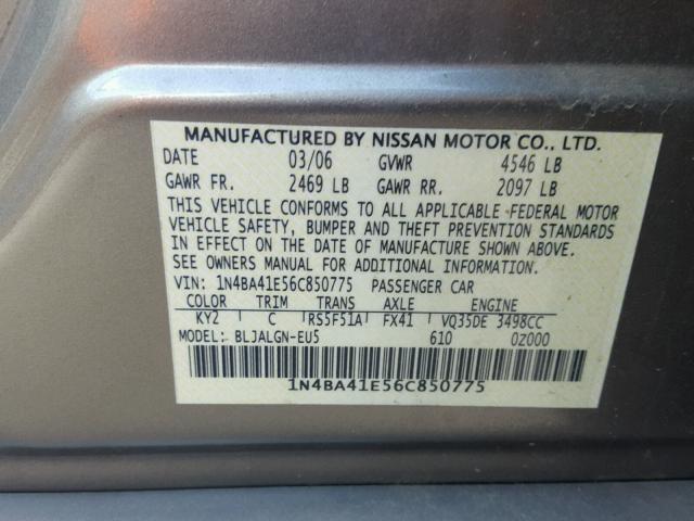 1N4BA41E56C850775 - 2006 NISSAN MAXIMA SE TAN photo 10