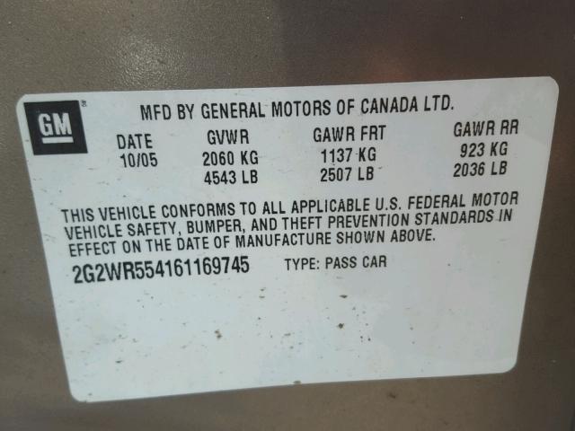 2G2WR554161169745 - 2006 PONTIAC GRAND PRIX GOLD photo 10