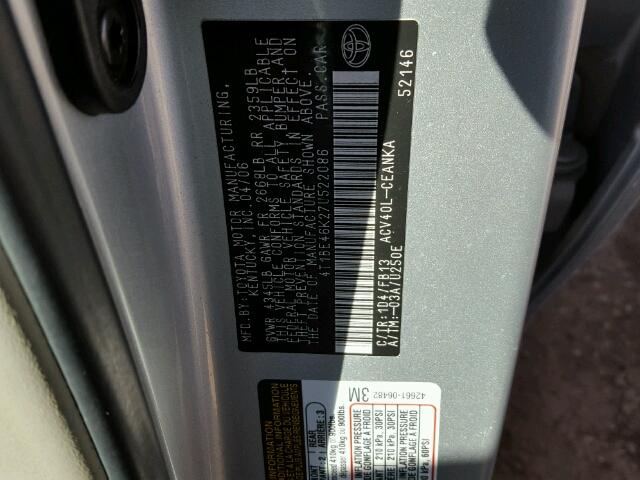 4T1BE46K27U522086 - 2007 TOYOTA CAMRY SILVER photo 10